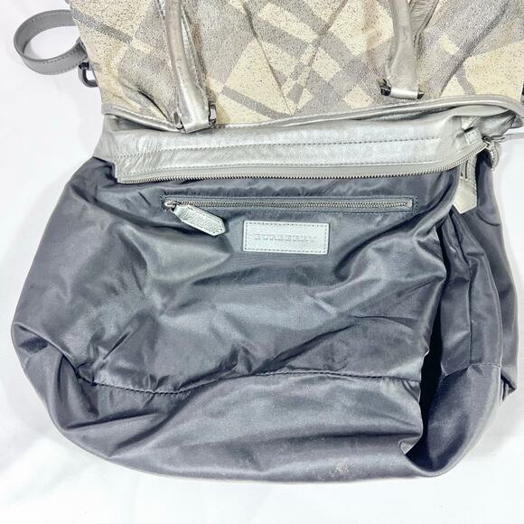 Burberry Pilgrim Tote Shoulder Bag Metallic Grey Beige Canvas Check Shopping - Picture 11 of 16